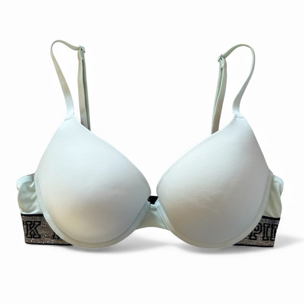 Victoria's Secret PINK Wear Everywhere Push-Up Bra Light Blue Black Logo 32D